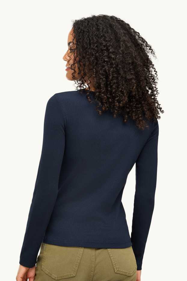 Femmes - Haut à manches longues - slim fit - finition côtelée - bleu foncé