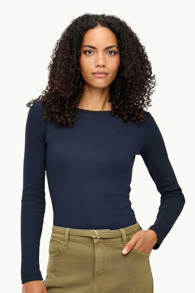 Femmes - Haut à manches longues - slim fit - finition côtelée - bleu foncé