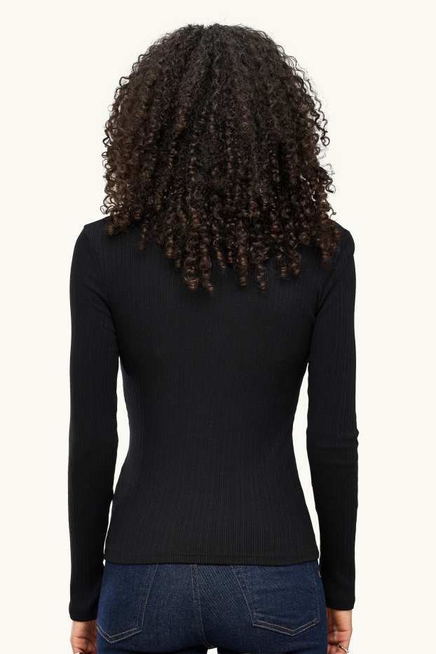 Damen - Henley-Shirt - Slim Fit - gerippt - schwarz