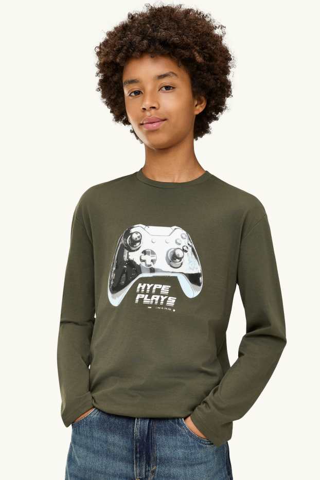 Enfants garçons - Lot de 2 - manette de jeux vidéo - haut à manches longues - vert foncé / blanc crème