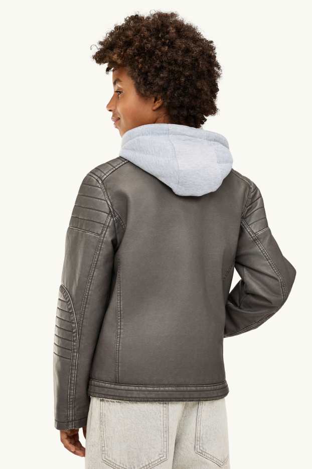 Enfants garçons - Blouson motard avec capuche - matière synthétique - gris