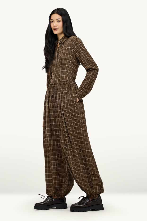 Dona - Pantalons orientals - mid waist - barrel leg - de quadres - marró/beix