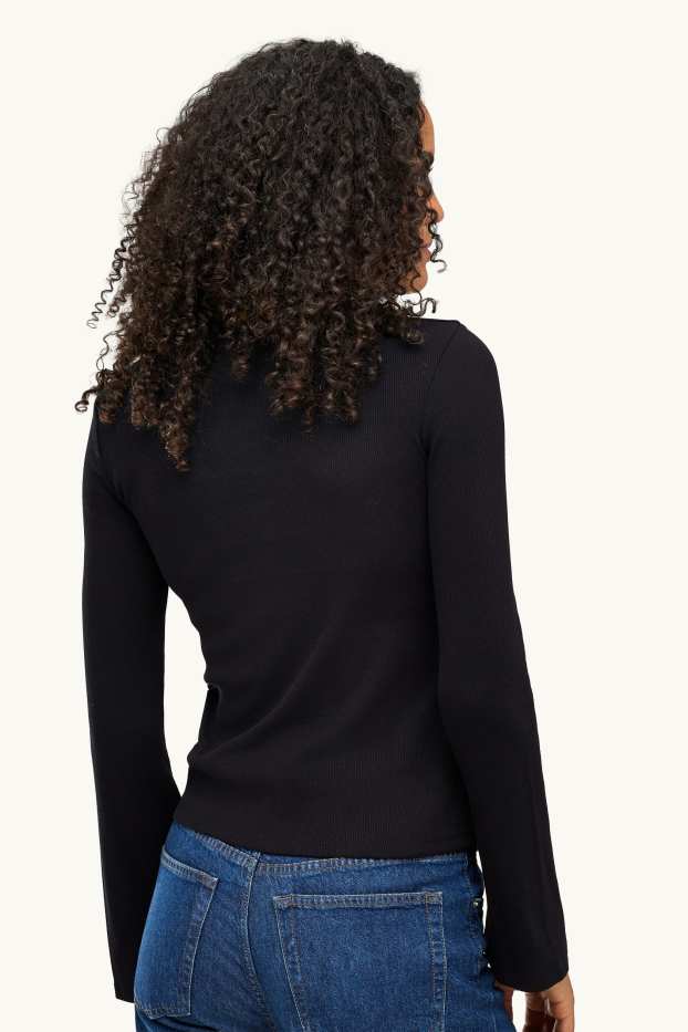 Damen - Langarmshirt - Slim Fit - gerippt - schwarz
