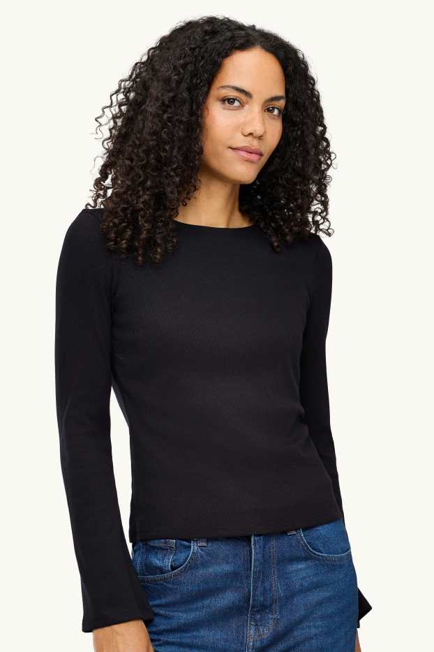 Damen - Langarmshirt - Slim Fit - gerippt - schwarz