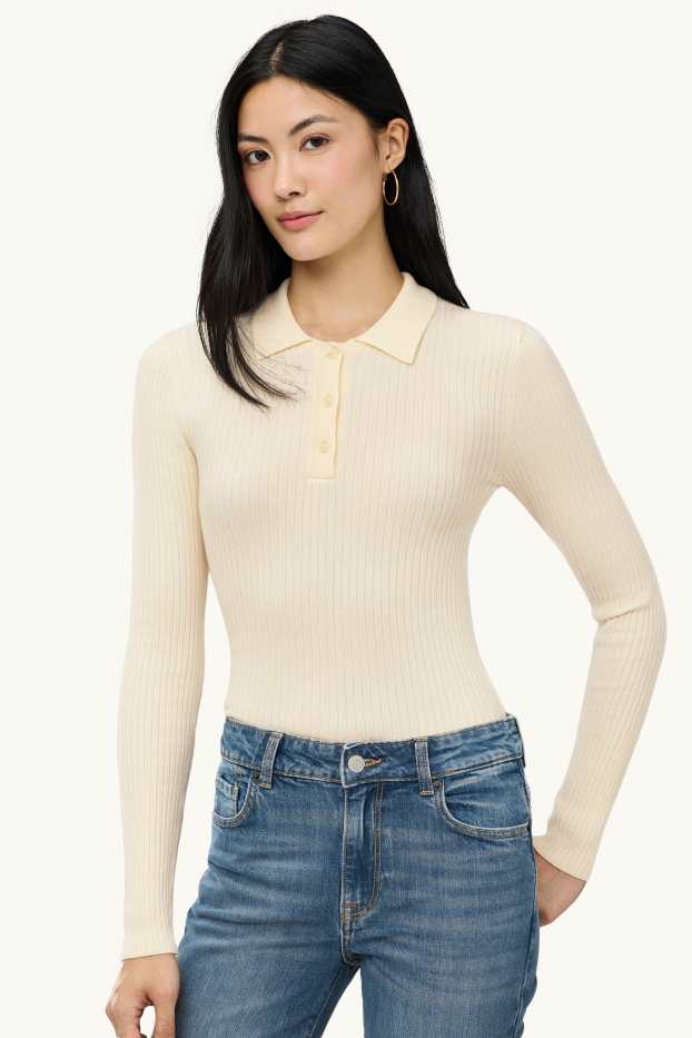Femmes - Polo à manches longues - slim fit - finition côtelée - blanc crème
