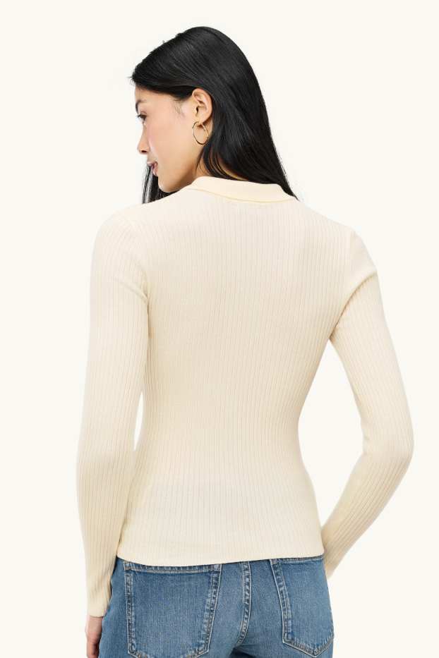 Femmes - Polo à manches longues - slim fit - finition côtelée - blanc crème