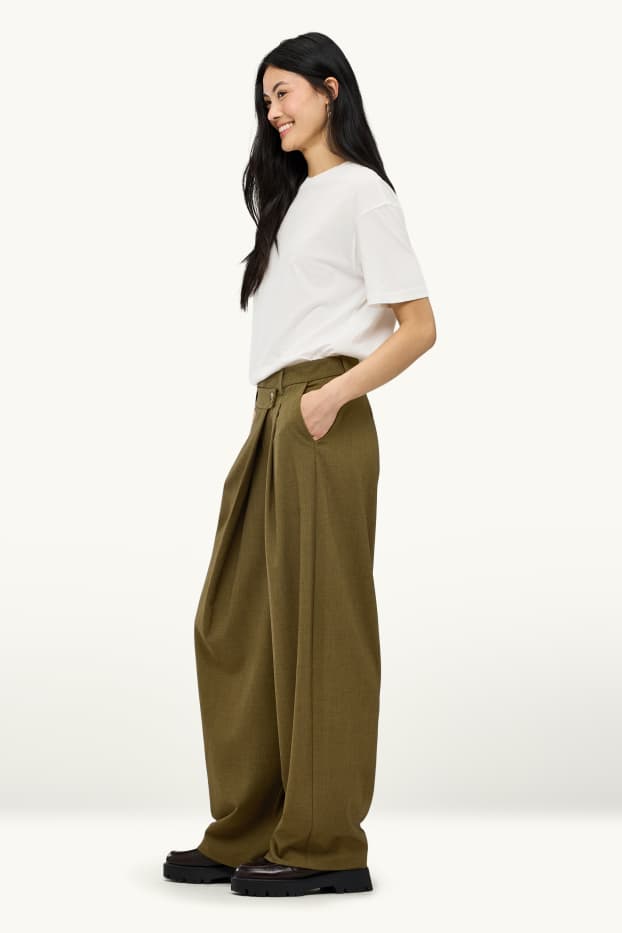 Dámské - Plátěné kalhoty - mid waist - loose fit - khaki