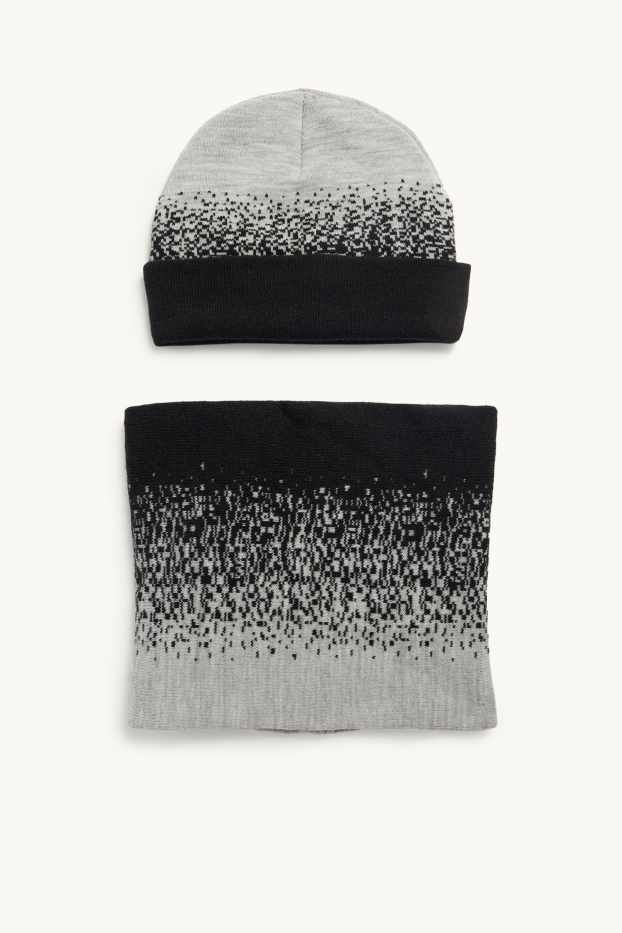 Kinder Buben - Set - Beanie und Loop Schal - 2 teilig - gemustert - schwarz / grau