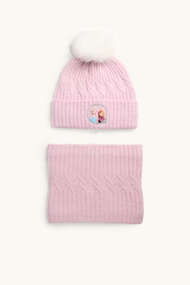 Kinderen: meisjes - Frozen - set - muts met pompon en gebreide colsjaal - lichtroze