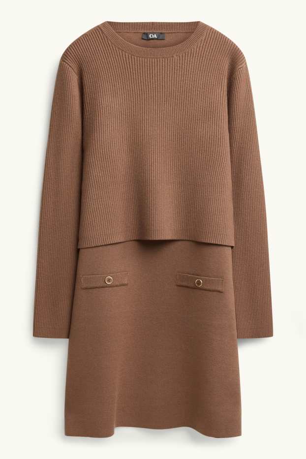 Damen - Fit & Flare Kleid - 2-in1-Look - braun