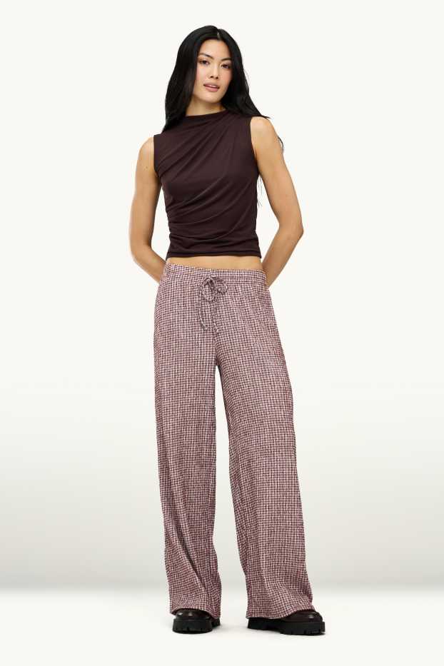 Donna - Pantaloni - vita media - gamba ampia - a quadretti - bordeaux / bianco