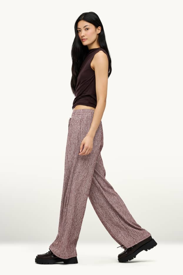 Donna - Pantaloni - vita media - gamba ampia - a quadretti - bordeaux / bianco