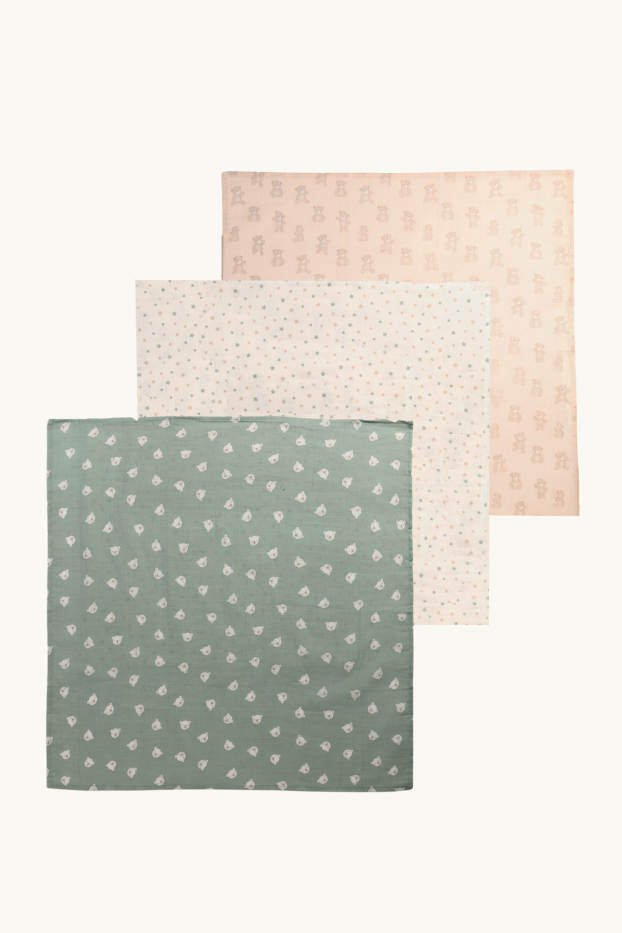 Baby: jongens - Set van 3 - teddybeer - hydrofiel babydoekje - beige / groen