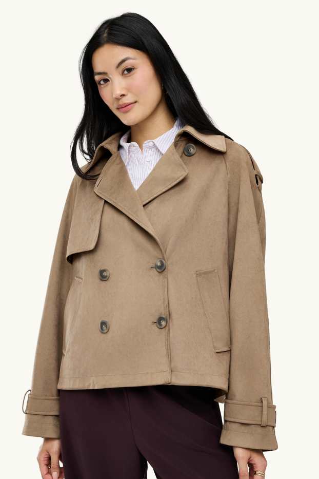 Women - Cropped trench coat - faux suede - light brown