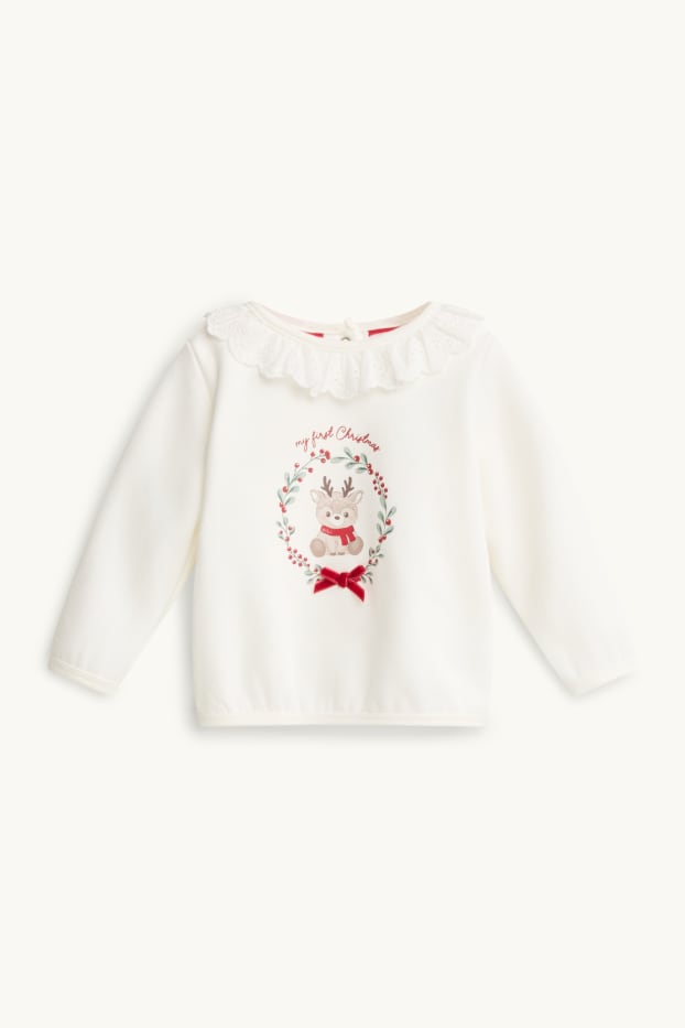 Baby Mädchen - Rentier - Baby-Weihnachts-Outfit - plüschgefüttert - 3 teilig - cremeweiss