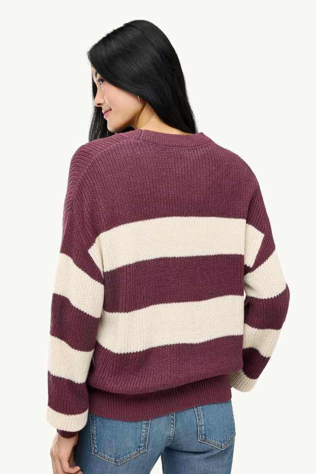 Damen - Pullover - gerippt - gestreift - beige / bordeaux