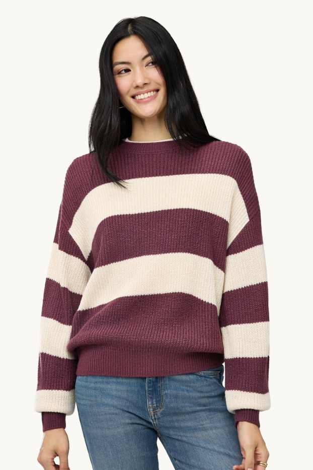 Damen - Pullover - gerippt - gestreift - beige / bordeaux