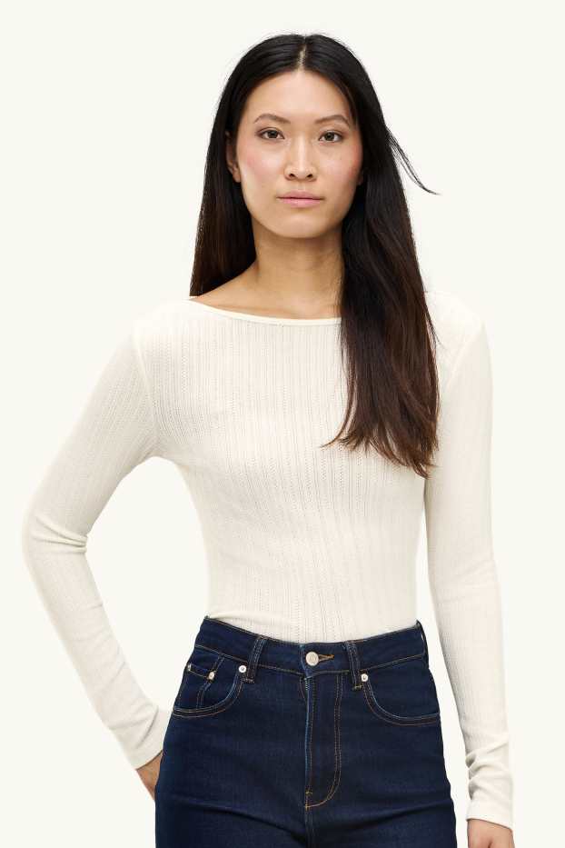 Damen - Langarmshirt - Regular Fit - gerippt - cremefarben