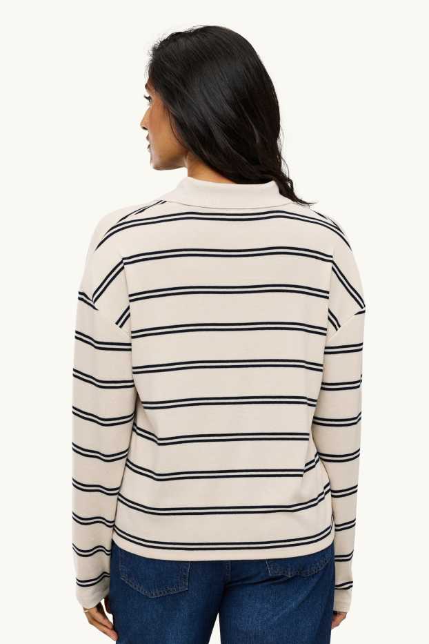 Dona - Samarreta de màniga llarga amb coll en punta - regular fit - de ratlles - blau fosc / blanc trencat