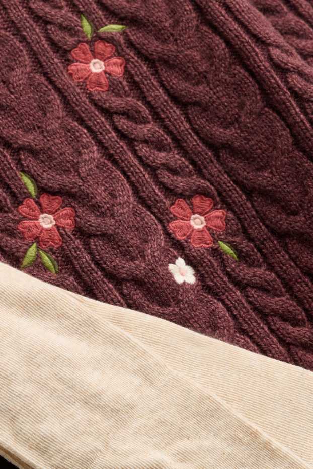 Children Girls - Floral - set - knitted dress and tights - 2 piece - beige / bordeaux