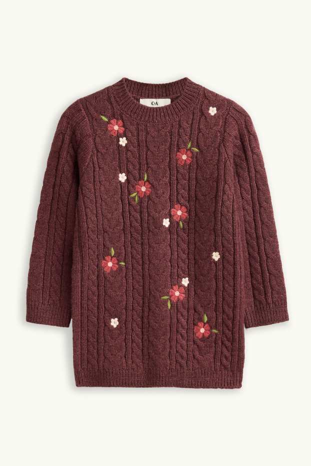 Children Girls - Floral - set - knitted dress and tights - 2 piece - beige / bordeaux