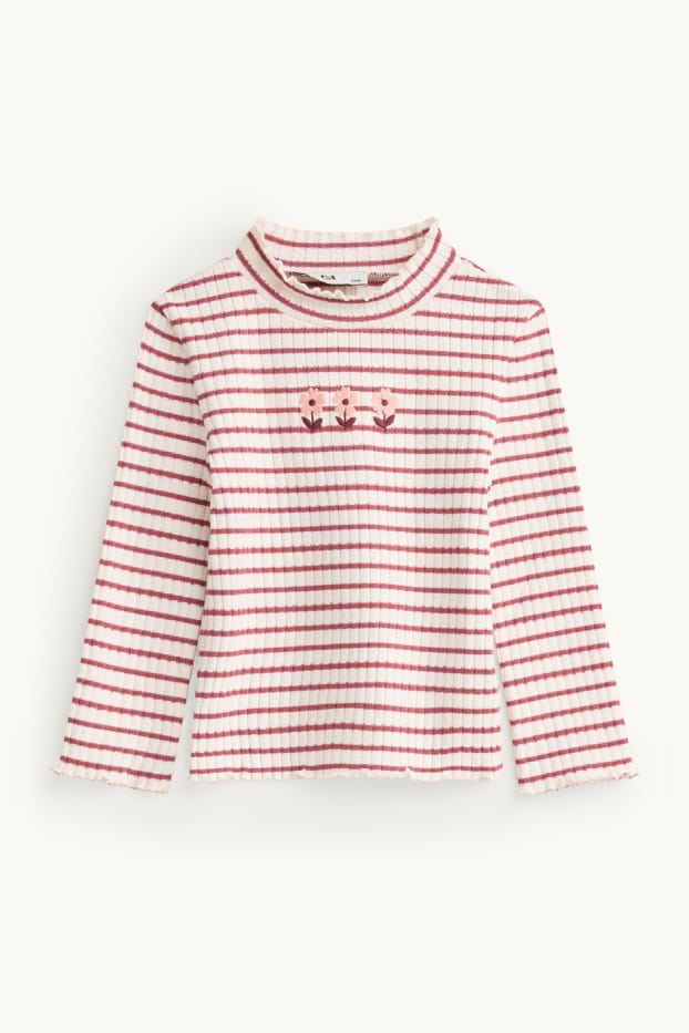 Kinder Mädchen - Blume - Langarmshirt - gerippt - gestreift - rot / weiß