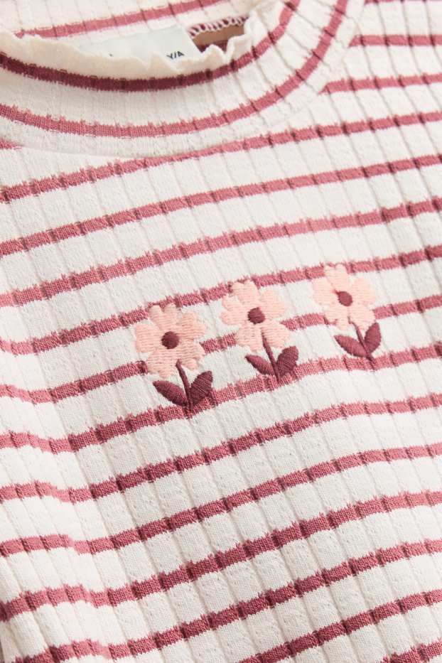 Kinder Mädchen - Blume - Langarmshirt - gerippt - gestreift - rot / weiß