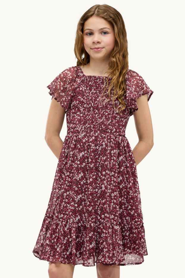 Children Girls - Chiffon dress - floral - red