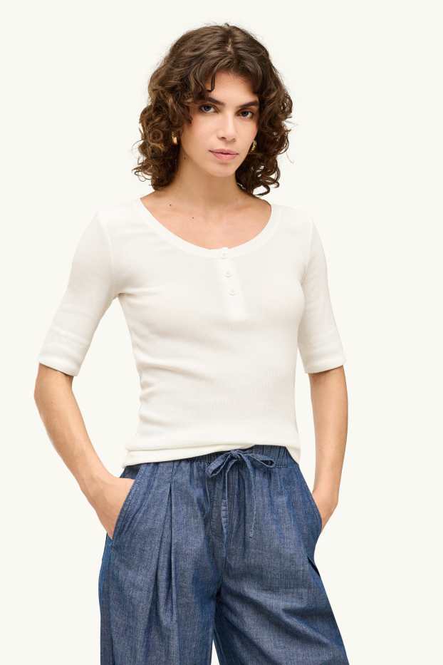 Dames - Henley-shirt - slim fit - geribd - wit