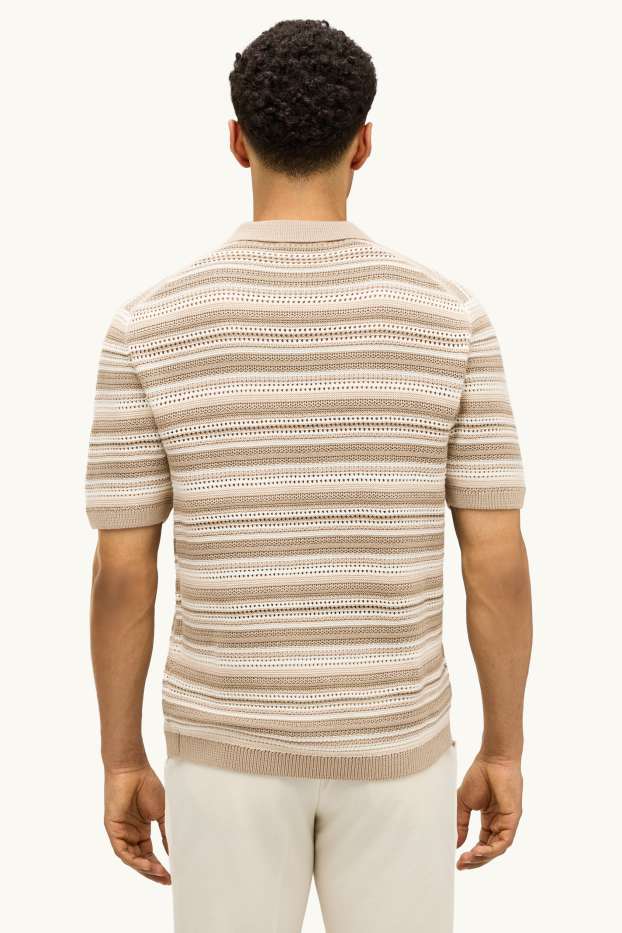Heren - Gebreid poloshirt - regular fit - gestreept - met structuur - beige
