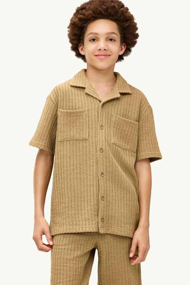 Enfants garçons - Ensemble - chemise en maille et bermudas - col Kent - finition côtelée - 2 pièces - marron
