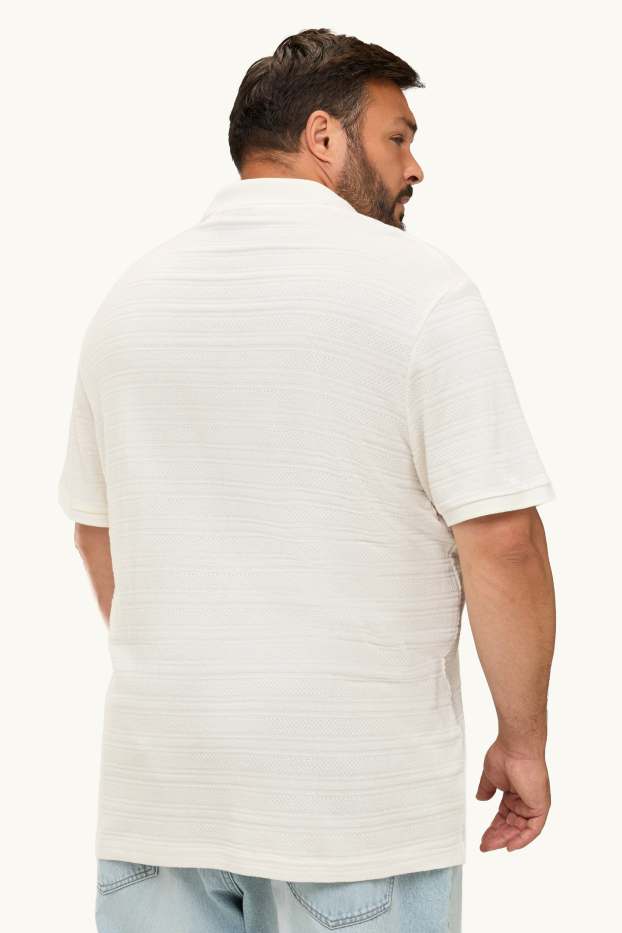 Pánské - Pletená polokošile - regular fit - strukturovaná - pruhovaná - krémově bílá