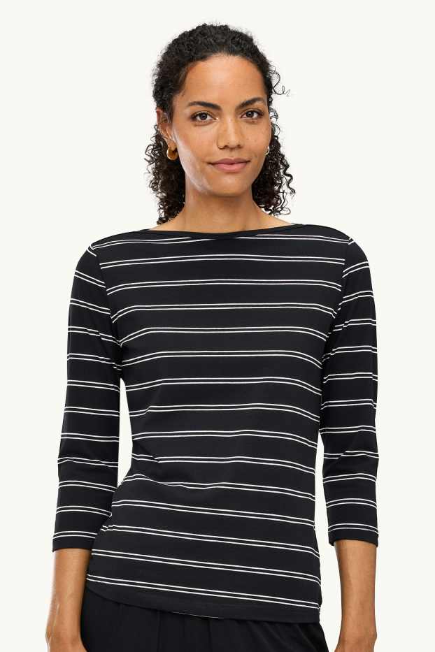 Women - Long sleeve top - regular fit - striped - black / white
