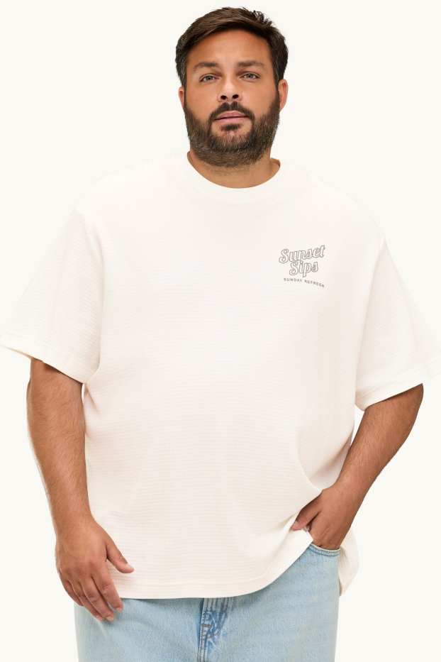 Hommes - T-shirt - relaxed fit - finition texturée - blanc crème