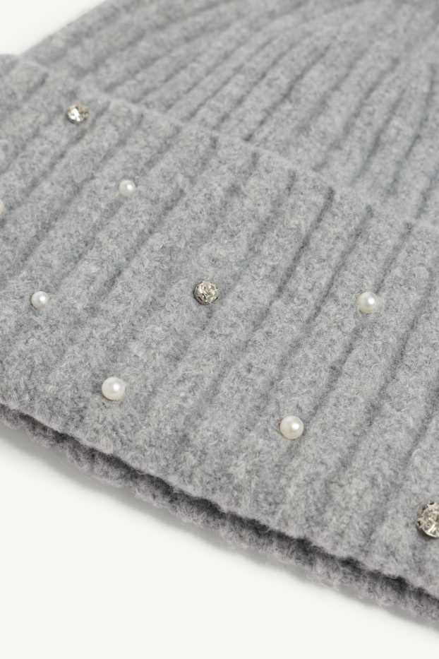 Dames - Muts met strass-steentjes en parels - geribd - lichtgrijs