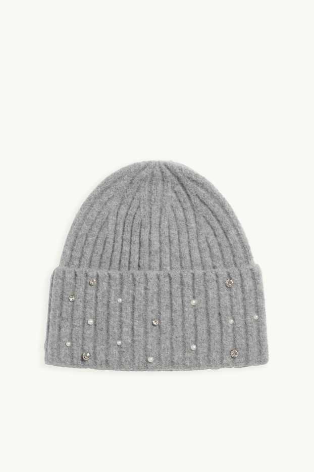 Dames - Muts met strass-steentjes en parels - geribd - lichtgrijs