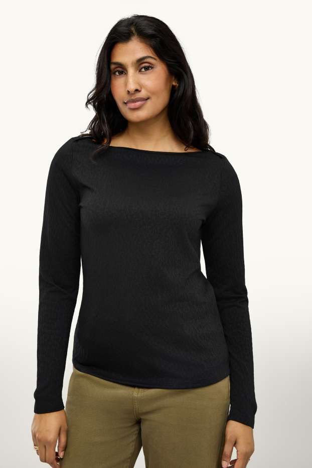 Damen - Langarmshirt - Regular Fit - strukturiert - Leo-Print - schwarz