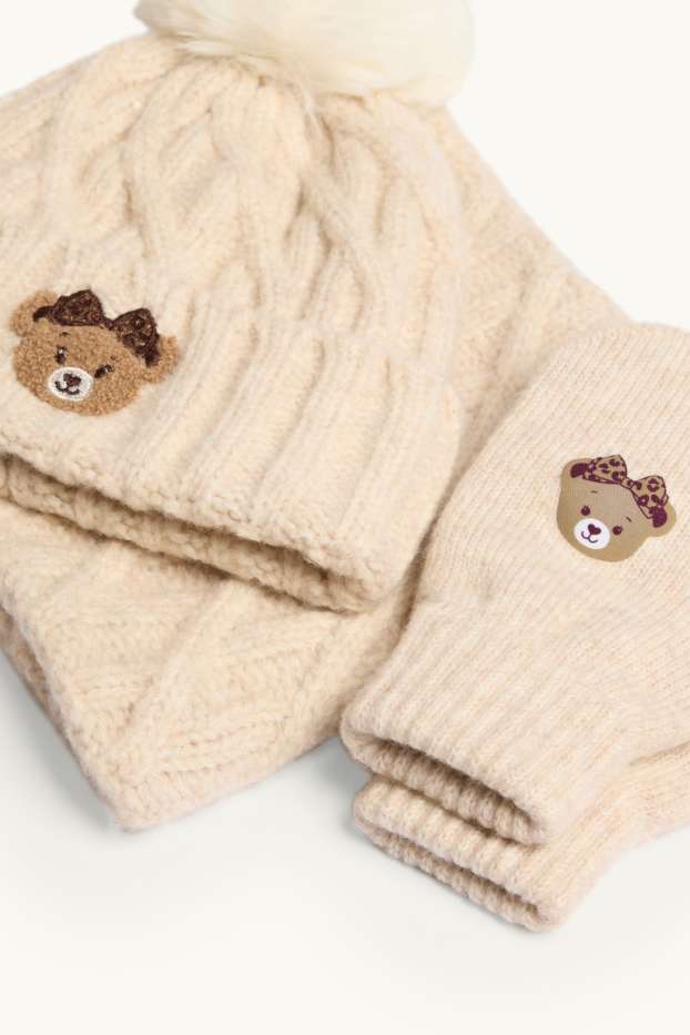 Kinder Mädchen - Set - Bommelmütze, Strick-Loop-Schal und Fäustlinge - 3 teilig - beige