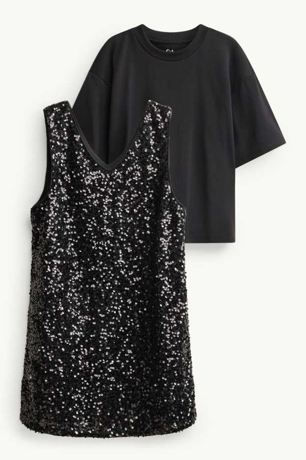 Copii - Fete - Set - tricou cu mânecă scurtă și rochie cu paiete - 2 piese - negru / argintiu