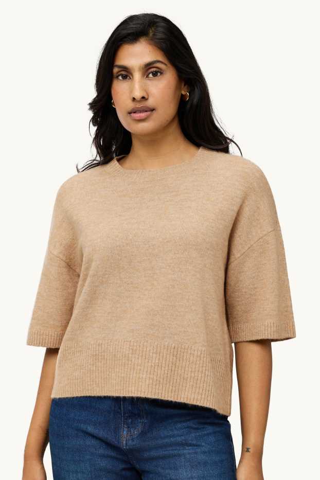 Damen - Strickpullover - kurzarm - hellbraun