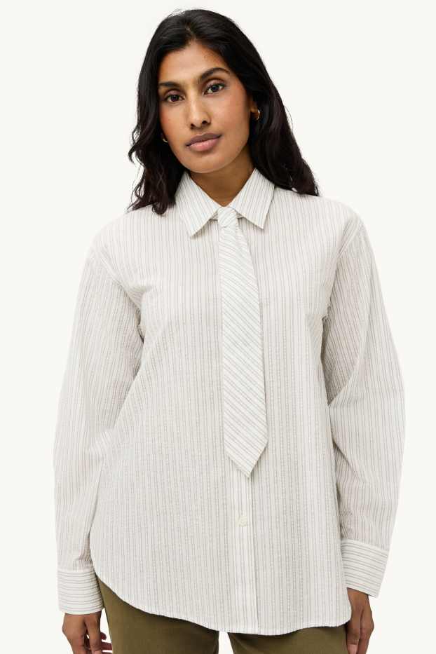 Dames - Set - overhemdblouse en stropdas - 2-delig - gestreept - crèmekleurig