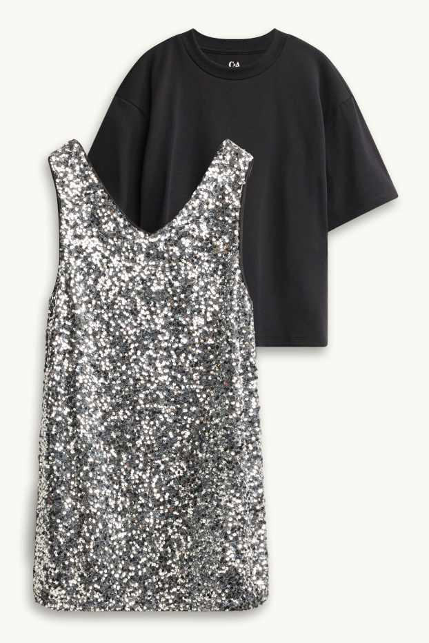 Copii - Fete - Set - tricou cu mânecă scurtă și rochie cu paiete - 2 piese - negru / argintiu