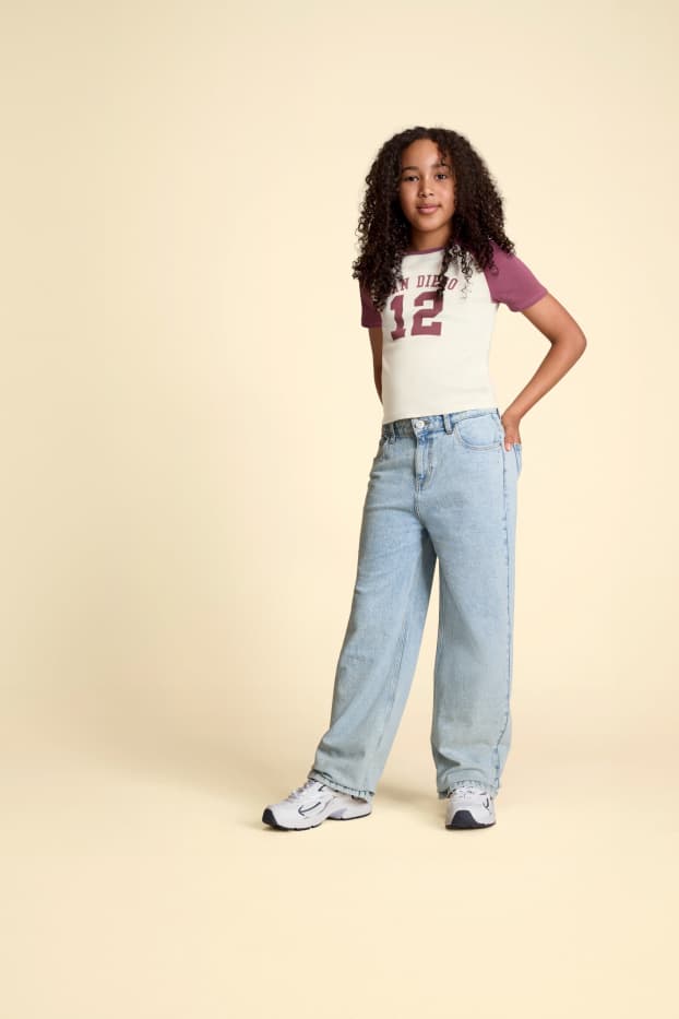 Enfants filles - Wide leg jean orné de strass - jean bleu clair
