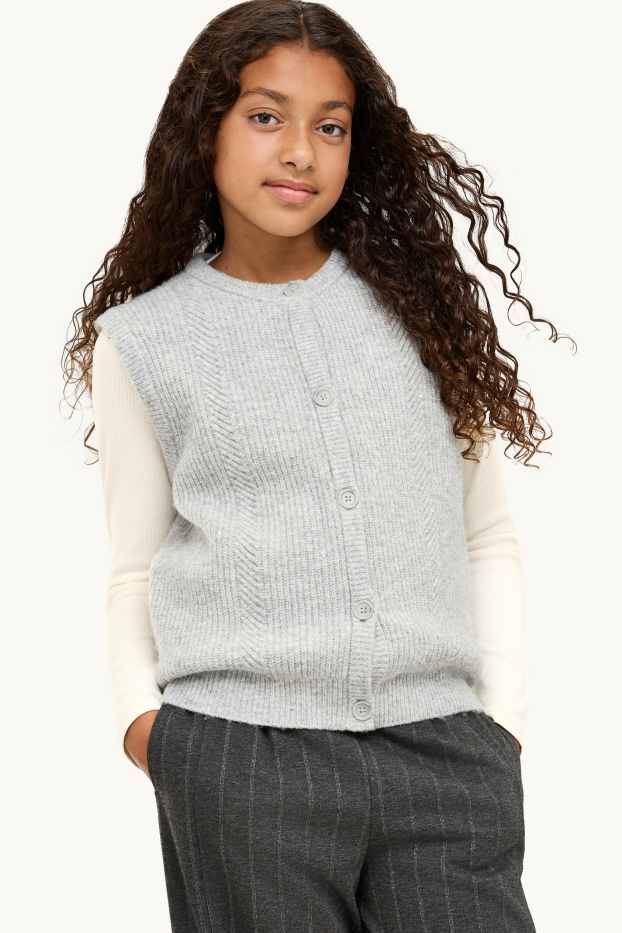 Enfants filles - Ensemble - gilet en maille et haut à manches longues - 2 pièces - gris chiné