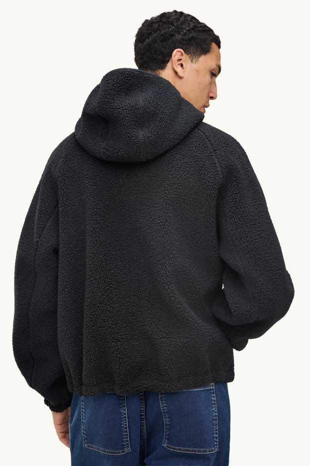 Men - Teddy fur jacket with hood - black
