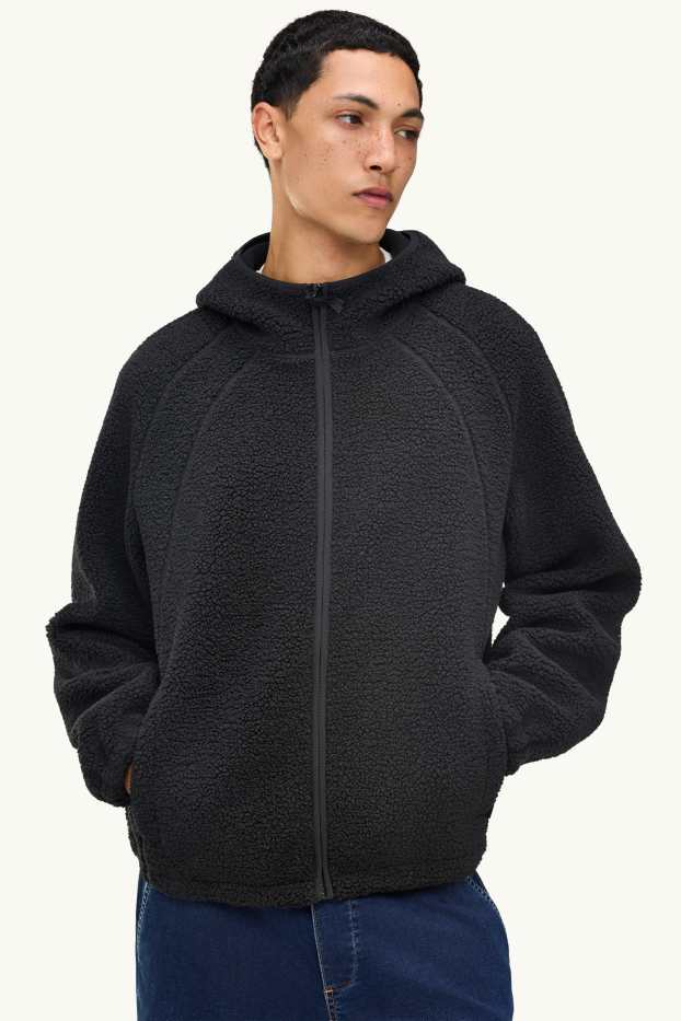 Men - Teddy fur jacket with hood - black