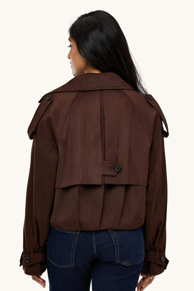 Femei - Trenci crop - imitație de piele întoarsă - maro închis