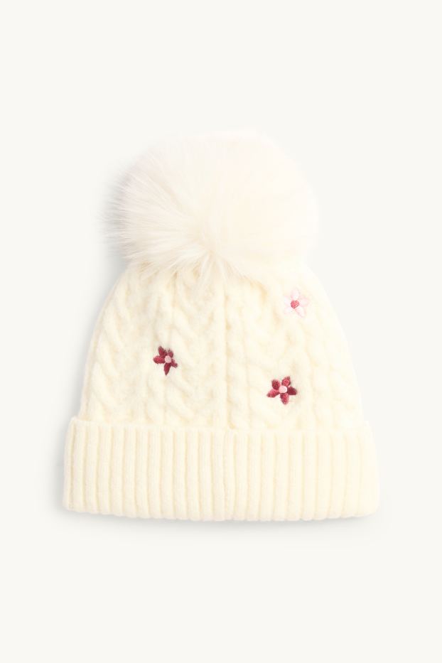 Kinder Mädchen - Blume - Bommelmütze - Zopfmuster - cremeweiss