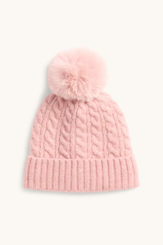 Kinderen: meisjes - Muts met pompon - kabelpatroon - roze