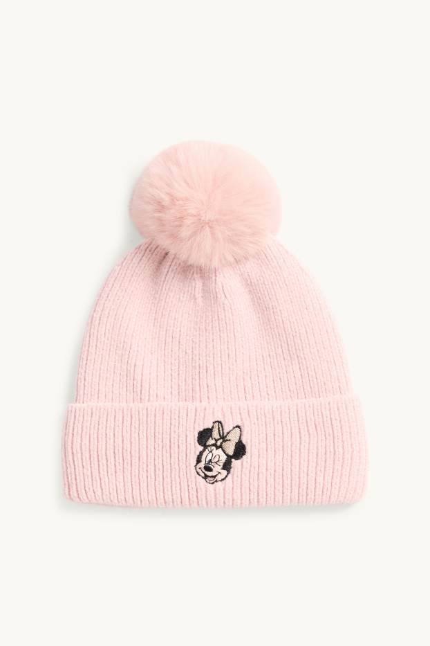 Enfants filles - Minnie Mouse - bonnet à pompon - côtelé - rose clair